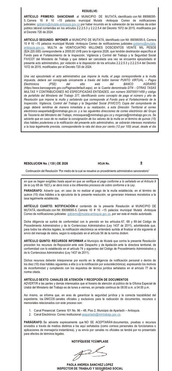 SunetMedellin's tweet photo. 🚨 ¡VICTORIA HISTÓRICA DE SUNET! ✊🔥

​El MinTrabajo sancionó al Municipio de Mutatá con $24.220.000 por negar nuestros permisos sindicales.

​💥 ¡Son un DERECHO, no un favor!

�� Comités... Cabeza en alto. Si les niegan un permiso, ¡a denunciar de inmediato! ⚖️​📄 🇨🇴💪 https://t.co/slAEjTbUBn