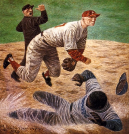 Jimfrombaseball's tweet photo. "He led America by example.
He reminded our people of what was right and he reminded them of what was wrong.
I think it can be safely said today that Jackie Robinson made the United States a better Nation."
American League President Gene Budig.
"I’m grateful for all the breaks, honours and opportunities I’ve had, but I always believe I won’t have it made until the humblest black kid  in the most remote backwoods of America has it made.”
"I Never Had It Made: An Autobiography"
Jackie Robinson.
"Action at Second"
Fletcher Martin, 1956.