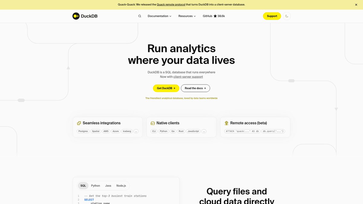 EveryDevAi's tweet photo. Need to run analytical SQL on Parquet, CSV or remote files without spinning up a database server? DuckDB runs in-process across Python, Go, Rust, Node.js and even the browser via Wasm. Serious horsepower, zero infrastructure. What's it integrate with? Next tweet. #DevTools https://t.co/NN4myu4B8M