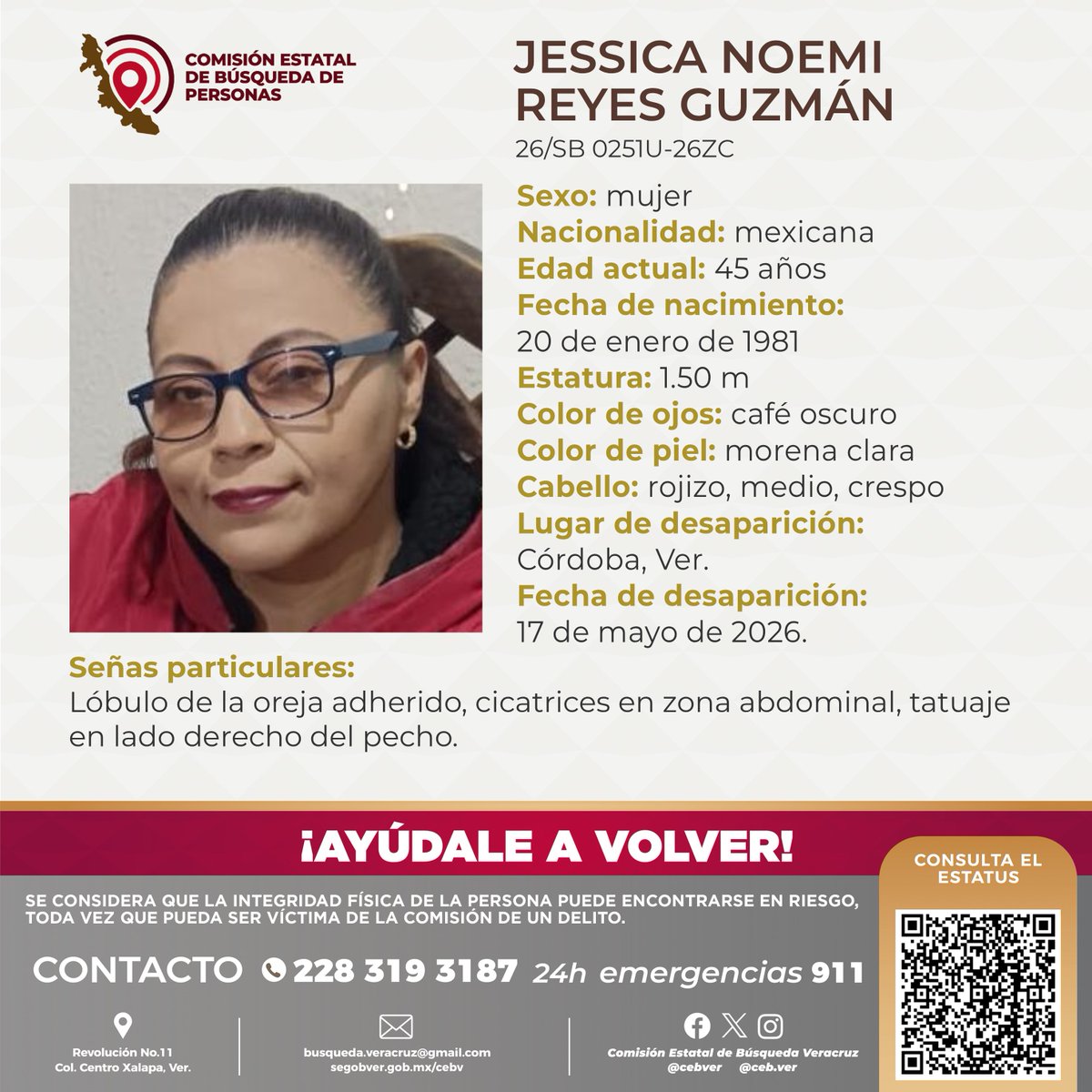cebver's tweet photo. Solicitamos su colaboración para localizar a la C. Jessica Noemi Reyes Guzmán, cualquier información contactar al número y/o correo que aparecen al margen de este boletín. https://t.co/ArDr5aTmpv