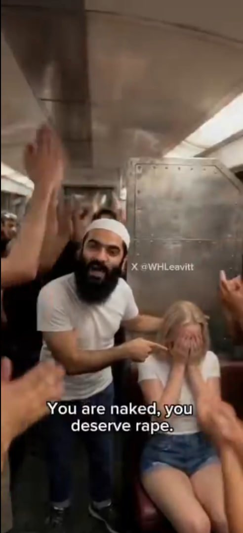 LibertyNut1's tweet photo. A group of Muslim men in a New York City subway started harassing a young woman wearing a T-shirt and shorts, yelling that she needs to cover her entire body or she deserves to be raped in the street.

Deport these radical Muslims?

A. Yes
B. No https://t.co/x0X5x4cpyt