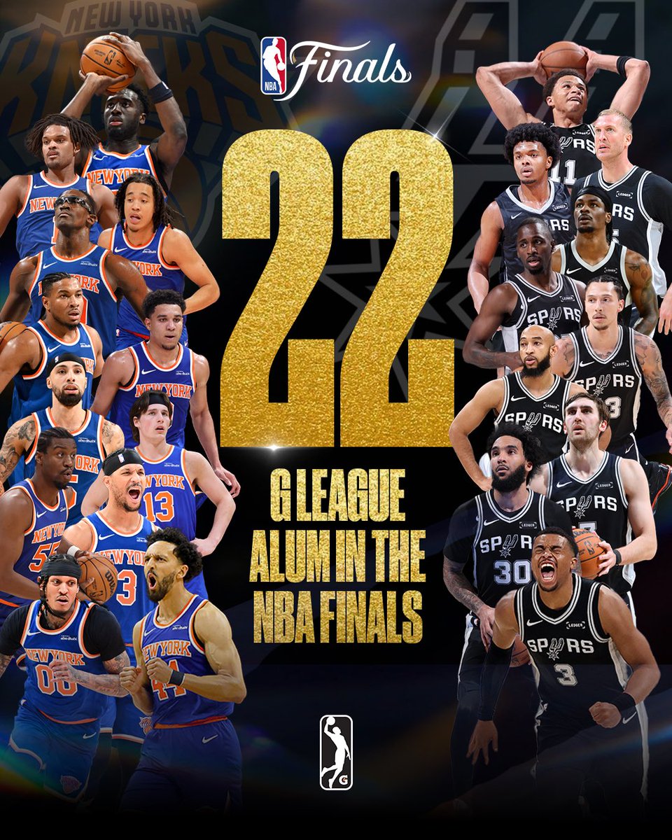 nbagleague's tweet photo. This year’s #NBAFinals will feature 22 #GLeagueAlum! 🏆

The 2026 NBA Finals Continue Friday with NYK (1-0) SAS Game 2 at 8:30pm/et on ABC! https://t.co/PDWrdffPlY