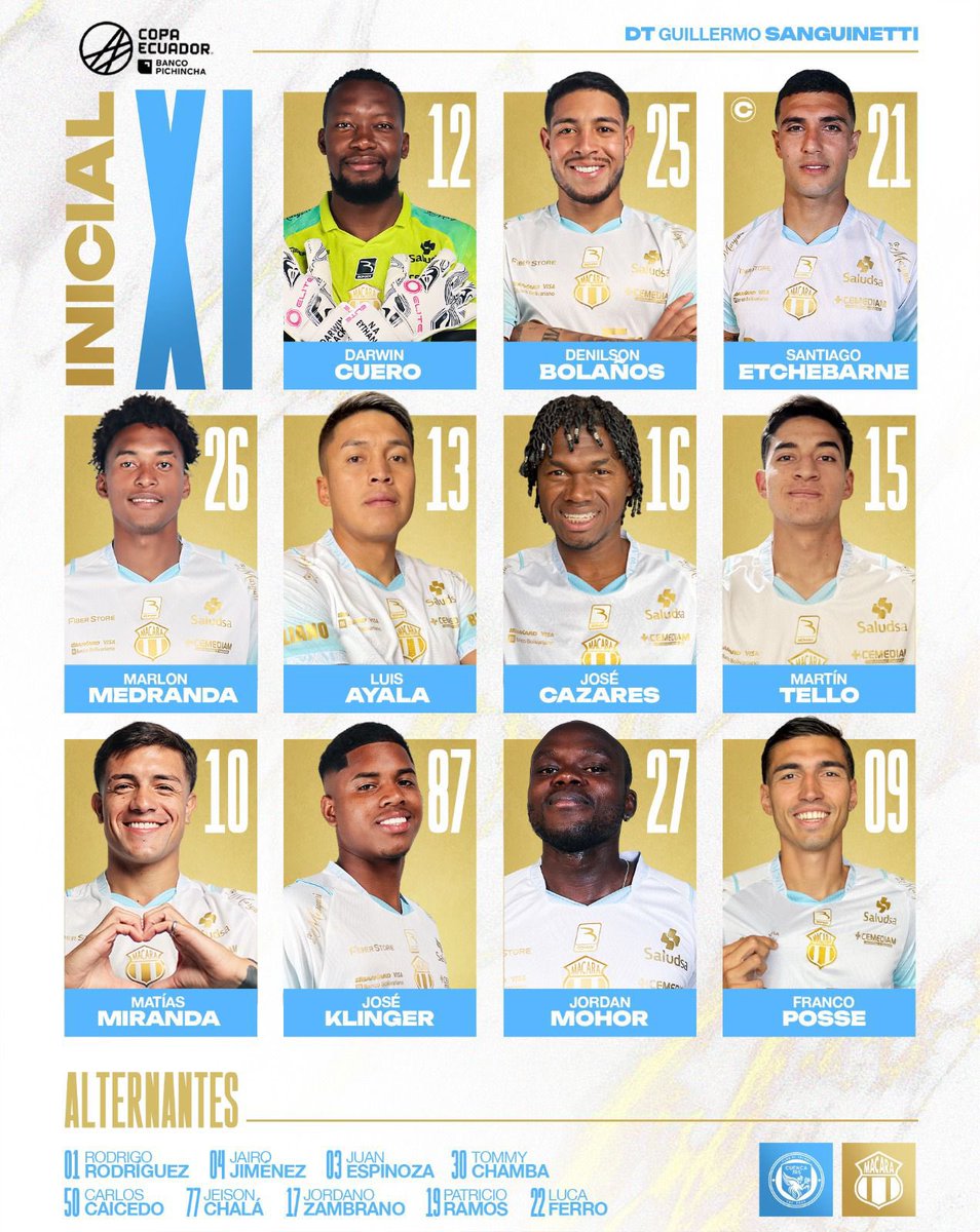 Macara_Oficial's tweet photo. ¡𝐎𝐧𝐜𝐞 𝐆𝐮𝐞𝐫𝐫𝐞𝐫𝐨𝐬 𝐝𝐞 𝐀𝐫𝐫𝐚𝐧𝐪𝐮𝐞...𝐔𝐧𝐚 𝐌𝐢𝐬𝐢ó𝐧! ⚔️🤍🩵

Alineación lista, ganas de victoria activadas y el equipo preparado para pelear cada minuto como una final. 🏟⚽️

Los 1️⃣1️⃣ de inicio que saltan a la cancha en una noche de Copa. 🇪🇨🏆

¡Esta nocheeeee...tenemos que 𝐠𝐚𝐧𝐚𝐚𝐚𝐚𝐫! 🤍🩵🎶

#DeRegresoALaGranConquista
#VamosLosCelestes
#CopaEcuadorBancoPichincha