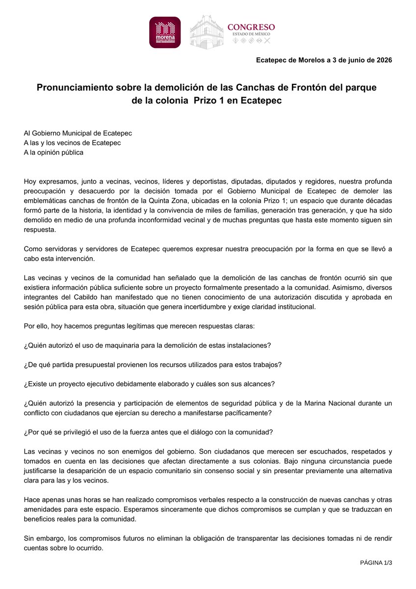 ZairaCS2's tweet photo. Las familias de #Prizo1 merecen respuestas y respeto.

Los espacios públicos se construyen con la gente, no de espaldas a ella. Seguimos acompañando a quienes exigen diálogo, transparencia y espacios dignos en nuestras comunidades.

#ZairaCedillo #PorTodoEcatepec #ElPoderDeServir https://t.co/nbAts0Yxtl