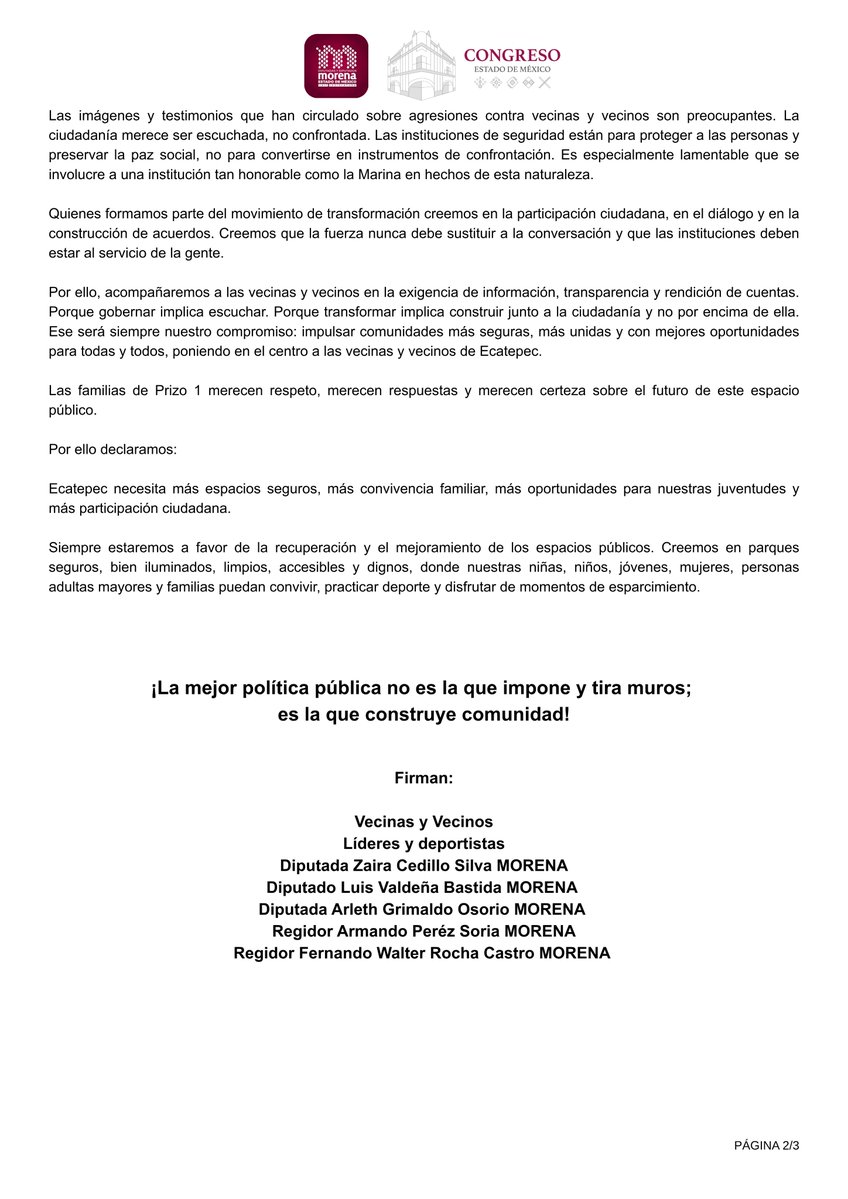 ZairaCS2's tweet photo. Las familias de #Prizo1 merecen respuestas y respeto.

Los espacios públicos se construyen con la gente, no de espaldas a ella. Seguimos acompañando a quienes exigen diálogo, transparencia y espacios dignos en nuestras comunidades.

#ZairaCedillo #PorTodoEcatepec #ElPoderDeServir https://t.co/nbAts0Yxtl