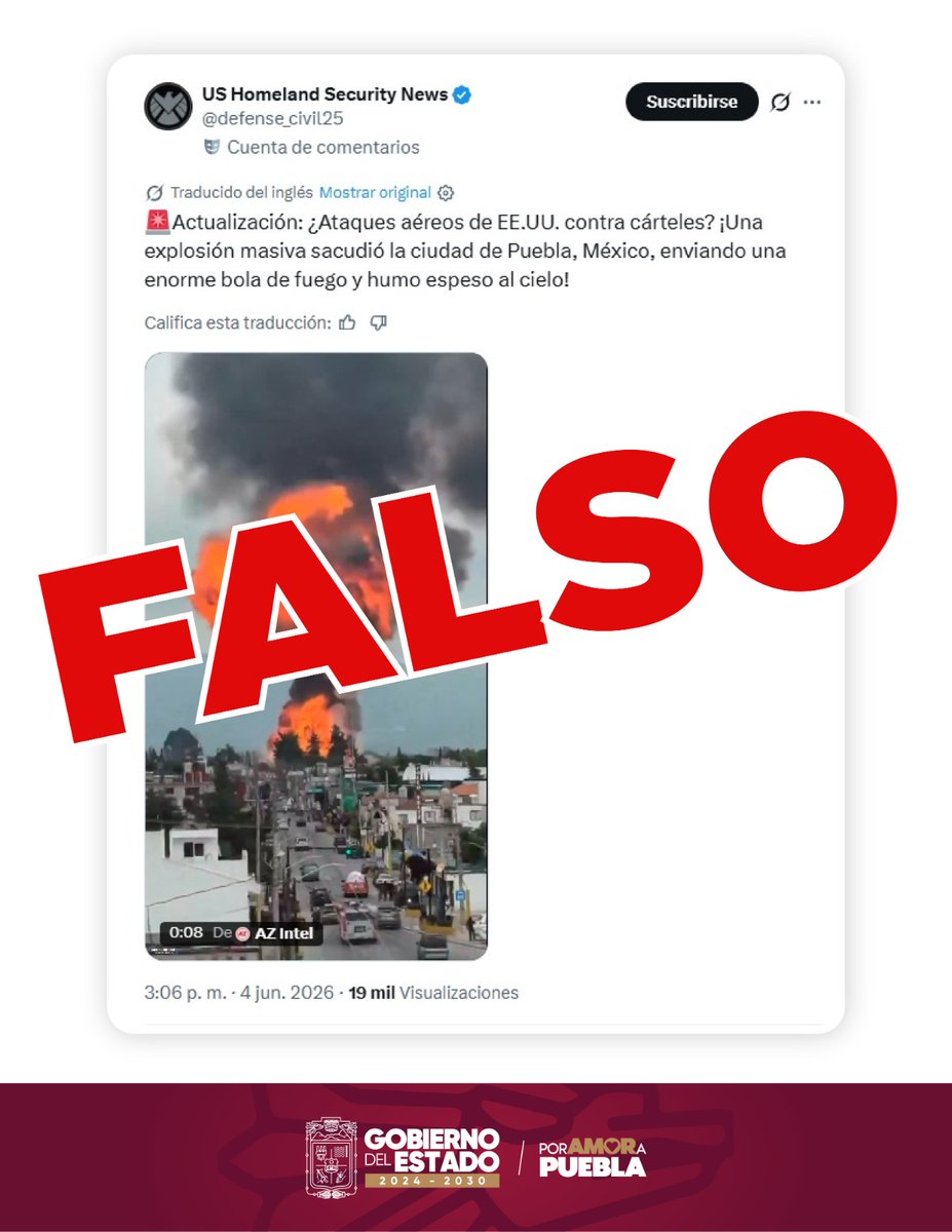 Gob_Puebla's tweet photo. 🚨Alto a la desinformación con datos claros.

Es falso que existan ataques aéreos de Estados Unidos contra el crimen organizado en territorio mexicano. El video que circula en redes corresponde a la explosión de cuatro autotanques de gas LP en Tepeaca y no tiene relación con supuestas operaciones extranjeras ⚠️📲🛡️🤝🔎.

La cuenta "US Homeland Security News" es apócrifa y no pertenece a ninguna institución oficial.

#PorAmorAPuebla