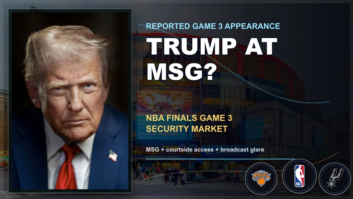VOCsystems's tweet photo. Trump at MSG would turn Knicks-Spurs Game 3 into more than a Finals homecoming. DME read: the real market is security, access, broadcast attention and whether the room overtakes the game. https://t.co/rF3LHQUjhn #NBAFinals #Knicks #Spurs https://t.co/V9MDXqDjOT