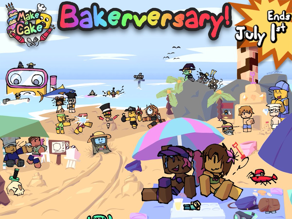 CakebombStudios's tweet photo. Out right now! 

Check out the Bakerversary Event for #MakeaCake on #Roblox! Protect the Beach Party from lurking Cake Monsters with pool noodles and beach balls!

Play now!

https://t.co/j635TQeAv9

(Thanks for @Robuk__ for the promotional art!) https://t.co/8Vt9eGVY1J