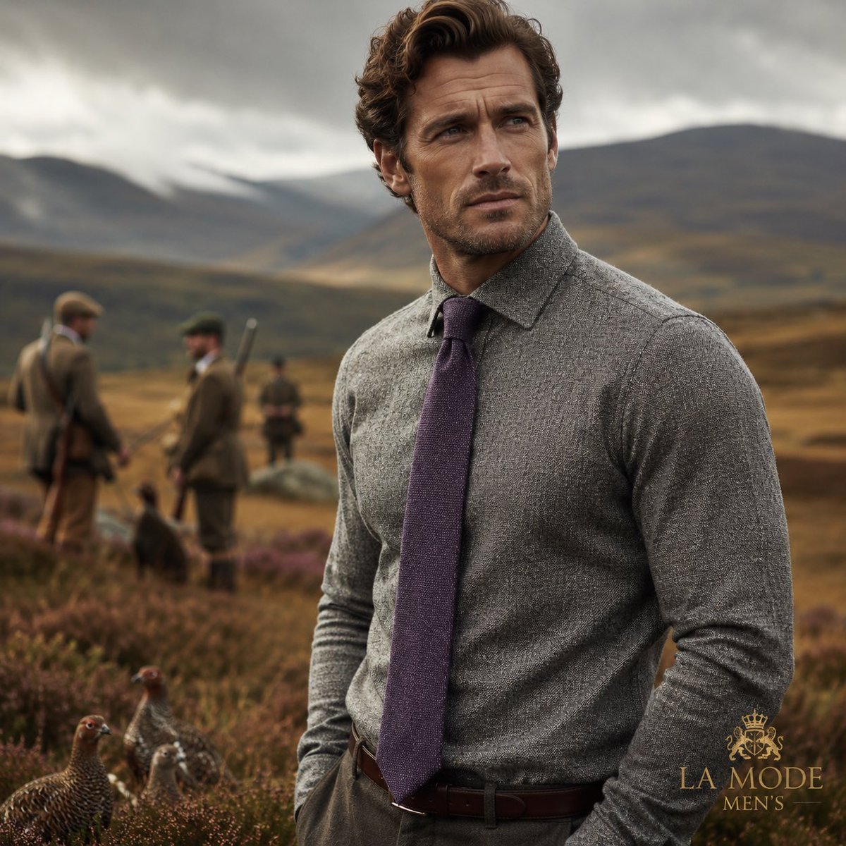 Heritage style with modern confidence. Tweed-inspired grey dress shirt.  Heather purple tie. Scottish Highlands atmosphere. Timeless menswear done  right. #MensFashion #Menswear #TieStyle #GentlemanStyle #LaModeMens  #ClassicStyle