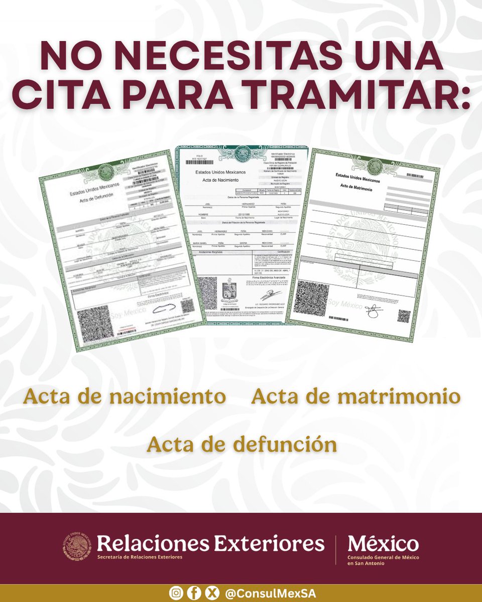 ConsulMexSA's tweet photo. ¡Atención! No necesitas cita para obtener la copia certificada de: 
✅Acta de nacimiento
✅Acta de matrimonio 
✅Acta de defunción. 

#ConsuladoATuLado #RegistroCivil https://t.co/Q5D3iJd6CL