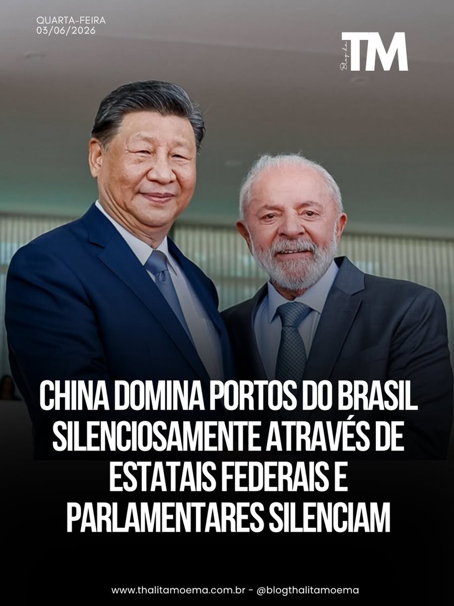 MachadoDarlon's tweet photo. 🚨⚠️👀🚩👉 // Enquanto Lula diz que Flávio Bolsonaro está vendendo o Brasil para os EUA, a China compra o setor portuário do Brasil silenciosamente. Os principais corredores logísticos do país estão sendo transferidos, um a um, para o controle de estatais chinesas. E o que torna esse processo ainda mais grave é que não foi a China que arrombou a porta: foram as próprias empresas públicas brasileiras que a abriram. Em 2026, o Brasil se tornou o principal destino do capital chinês no exterior, concentrando 10,9% de todo o investimento externo da China no biênio 2025-2026, com 52 megaprojetos somando 6,1 bilhões de dólares em mineração, ferrovias, energia e portos. Para quem ainda acredita que se trata de uma parceria entre iguais, a pergunta é simples: em qual país do mundo a China coloca 10,9% de todo o seu dinheiro e não exige nada em troca? No Porto de Santos, a maior porta de entrada e saída de mercadorias do Brasil, a infraestrutura portuária é administrada pela Autoridade Portuária de Santos (APS), empresa pública federal sucessora da Codesp, vinculada ao governo federal. Porto de Paranaguá (PR) — Acordo de R$ 1,5 bilhão da CMPort Em novembro de 2025, o próprio Ministério de Portos e Aeroportos do governo Lula firmou, em Xangai, um acordo de investimento de R$ 1,5 bilhão com a CMPort para a expansão do TCP. Porto do Açu (RJ) — Aquisição de 70% do terminal de petróleo pela CMPort Em fevereiro de 2025, a CMPort assinou contrato para adquirir 70% do terminal de petróleo do Porto do Açu, o único da América do Sul capaz de receber navios VLCC.  O negócio aguarda aprovação dos reguladores federais — todos nomeados e controlados pelo governo Lula. Lula na China — 36 acordos e R$ 6 bilhões em portos Durante visita oficial à China em 2025, o ministro de Portos e Aeroportos, Silvio Costa Filho, afirmou que a viagem resultou em ações com potencial de atrair R$ 6 bilhões em investimentos no setor portuário, incluindo o interesse de empresas chinesas no leilão do Túnel de Santos. Lula foi pessoalmente a Pequim vender os portos brasileiros como oportunidade de negócio para as estatais do governo chinês.

➡️ Via:/ @blogdatm 
🤳 Reprodução:/ https://t.co/D2K2CMyLdf