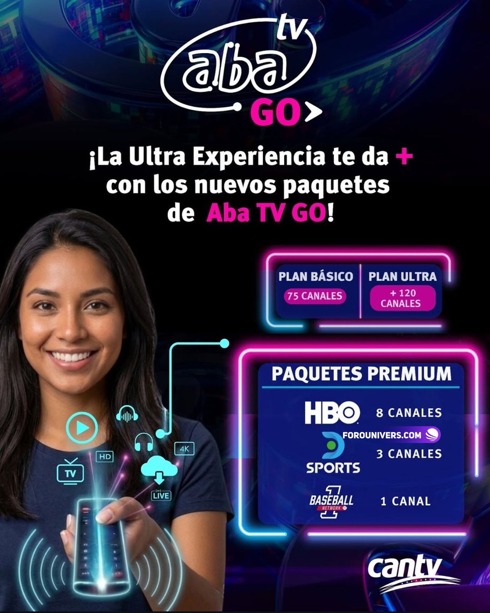 UniversLA's tweet photo. [Streaming 📲 | Venezuela 🇻🇪] Nuevos packs llegan a #AbaTVGo 😍
El servicio incorpora experiencia Premium a sus planes. 😱
Los 3 canales de #DSports, #HBOPack y #1BaseBallNetwork ✅ https://t.co/o59rwN8AQF