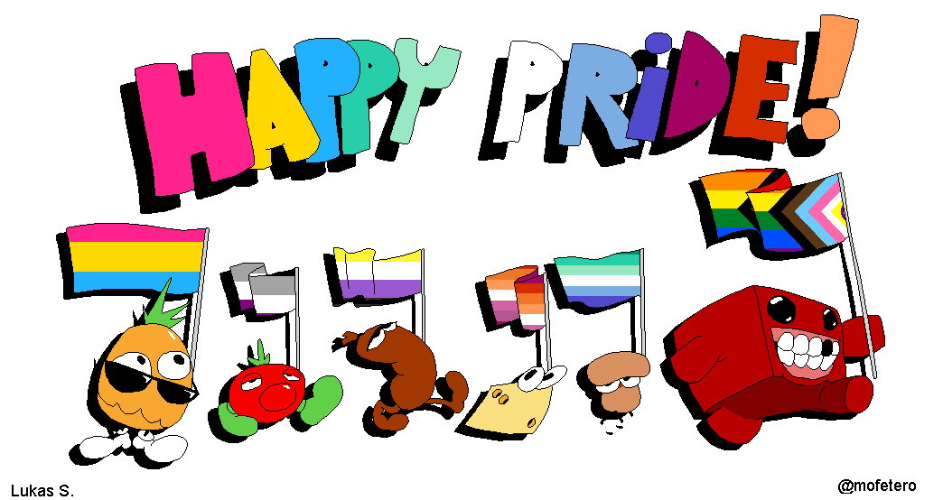 meatboymod's tweet photo. Happy (late) pride month everybody! We have no gameplay to show off for right now, but expect something this month! Sending love from tour de meat!

#supermeatboy #meatboy #pizzatower https://t.co/63mK58UyLg
