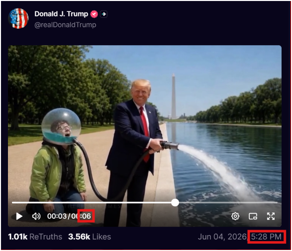 7thDean's tweet photo. President Trump's Truth is a :06 second video meme filling up the Reflecting pool with liberal tears and has a timestamp of 5:28 PM EST

Q 6
Some of us come here to drop crumbs, just crumbs.
POTUS is 100% insulated - any discussion suggesting he’s even a target is false.
Follow Huma tomorrow.
POTUS will not be addressing nation on any of these issues as people begin to be indicted and must remain neutral for pure optical reasons. To suggest this is the plan is false and should be common sense.
Focus on Military Intelligence/ State Secrets and why might that be used vs any three letter agency 
What SC decision opened the door for a sitting President to activate - what must be showed?
Why is POTUS surrounded by generals ^^
Again, there are a lot more good people than bad so have faith. This was a hostile takeover from an evil corrupt network of players (not just Democrats).
Don’t fool yourself into thinking Obama, Soros, Roth’s, Clinton’s etc have more power present day than POTUS. 
Follow the money, it’s the key.
What is Pelosi’s net worth by way of one example. Why coincidentally is her memory apparently going?
Cover for possible future indictment to plead what?
What if John M never had surgery and that was a cover for a future out if needed against prosecution?
Why did Soros transfer his bulk public funds to a NP? Note this doesn’t include massive slush funds that are pulled by several high ups.
Why did Soros’ son have several meetings with Canadian PM and how is that related to Clinton’s?
Why is MS13 a priority?
Could people pay such gangs to kill opponents and why / how to insulate against exposure?
The truth is mind blowing and cannot fully be exposed. These people are evil.
Operation Mockingbird.

Q 528
YOU and YOUR FAMILIES are SAFE.
PROMISE.
Q

🚨 THE COMM: President Trump is letting us know that he will be "100% insulated and will not be addressing nation on any of these issues as people begin to be indicted and must remain neutral for pure optical reasons" and then he wraps it up nicely with his timestamp of 5:28 telling us that we will all be SAFE, and he PROMISES.😉🕊️🇺🇸🐸

In my opinion, I believe "Watch the water" Was all about the draining and repairing the Reflecting Pool and is beening used as a optical comm representing the draining and repairing of the swamp and as soon as it is full something very big is going to happen, such as disclosures and major arrests...🙏

So "Watch the water," something big is coming, I can feel it.🌊👀😉