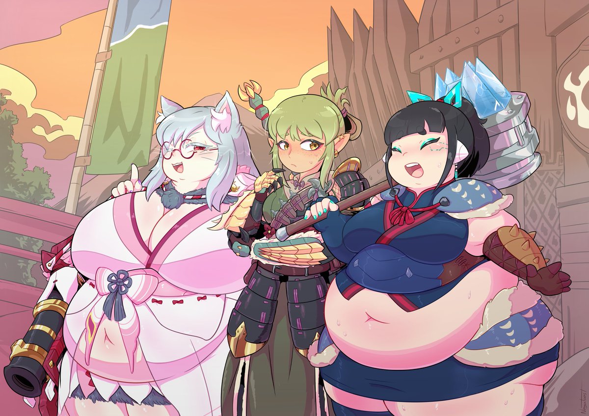 NagaToast's tweet photo. A group of hunters come back from a successful hunt! Niah, insists to Icewick that stuffing yourself full of dango before and after hunts is the optimal method of hunting. But Orkan doesn't see any improvements, other than there waistlines. https://t.co/PImXuhdqEh