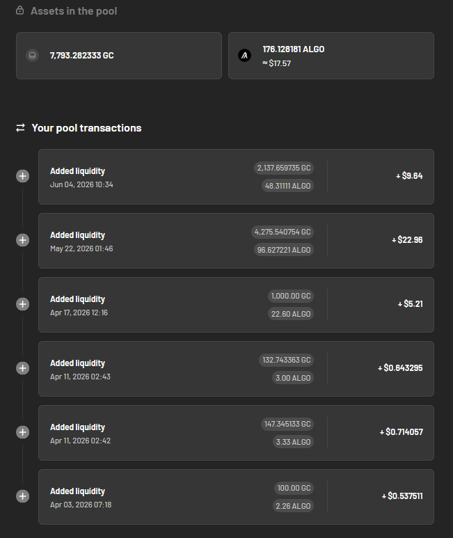 GenesisOSLabs's tweet photo. 🪙 Continued liquidity growth for Genesis Coin on @tinymanorg under @Algorand.

Today’s transaction added another ~2,137 GC paired with ~48 ALGO to the pool — bringing total liquidity to ~7,793 GC and ~176 ALGO.

🔨 Building steadily. Expanding responsibly.

More tokenomics and ecosystem updates coming soon.

#GCoin #GC #Algorand #ISO20022 #GenesisOS #TheGenesisSystem