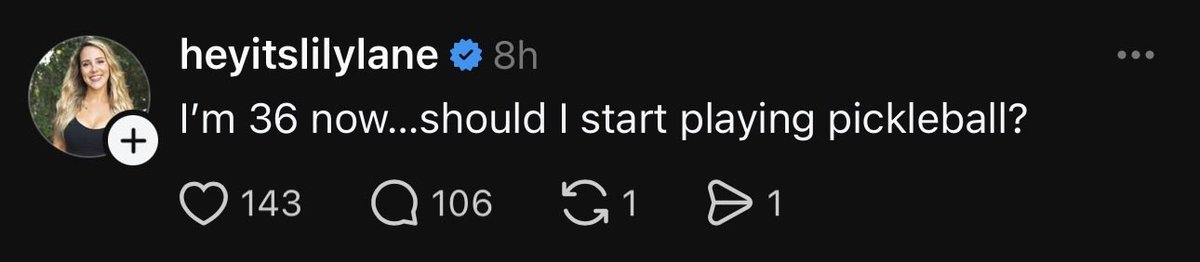 ValueAble1's tweet photo. 😂 This one asking like she’s about to hit retirement age. 

Pickleball is good for all ages btw. But I’ll always be tennis first. https://t.co/9iR36llU51