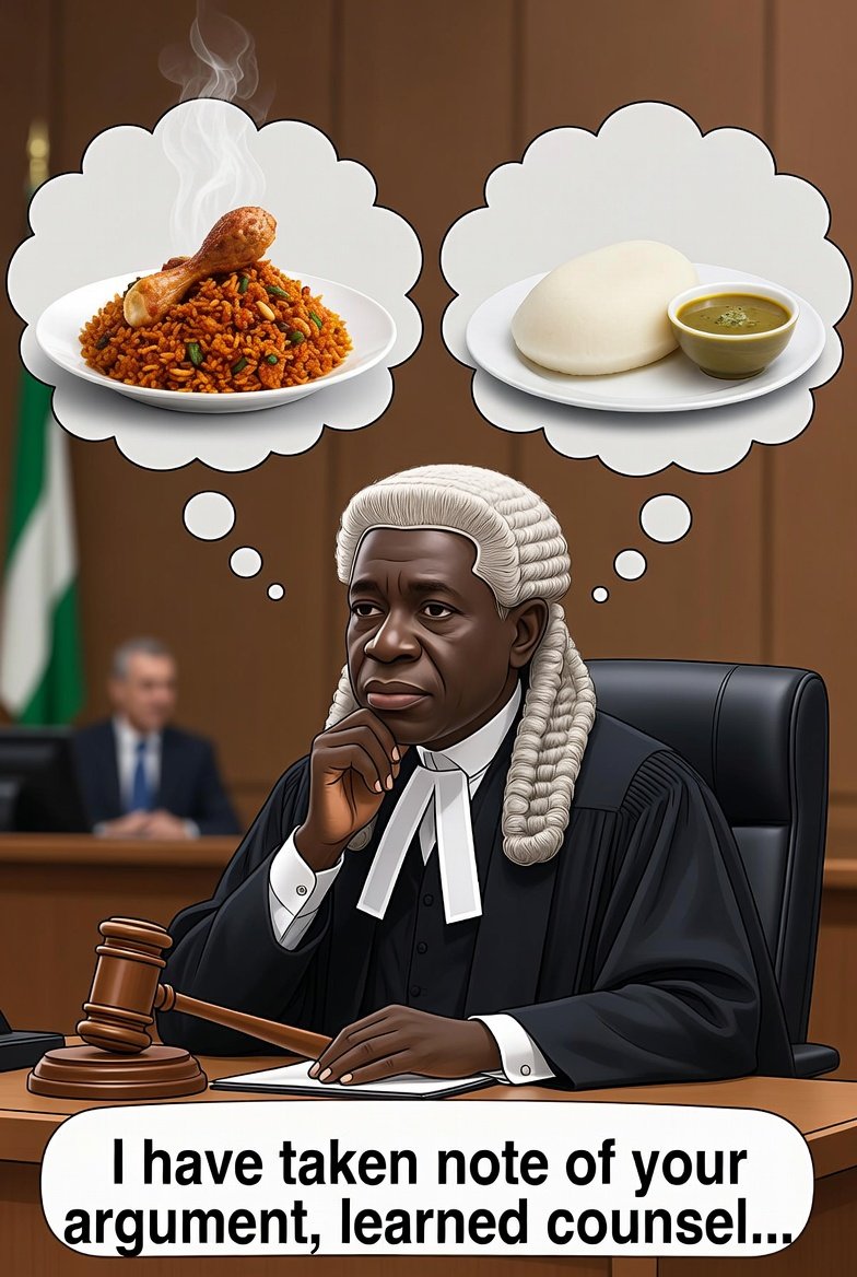 ThestreetRep's tweet photo. If a Nigerian judge says 'I have taken note of your argument, learned counsel,' they haven't noted anything. They are currently deciding whether to eat jollof rice or pounded yam for lunch. Move on to your next point https://t.co/Cb8uwzuQxY