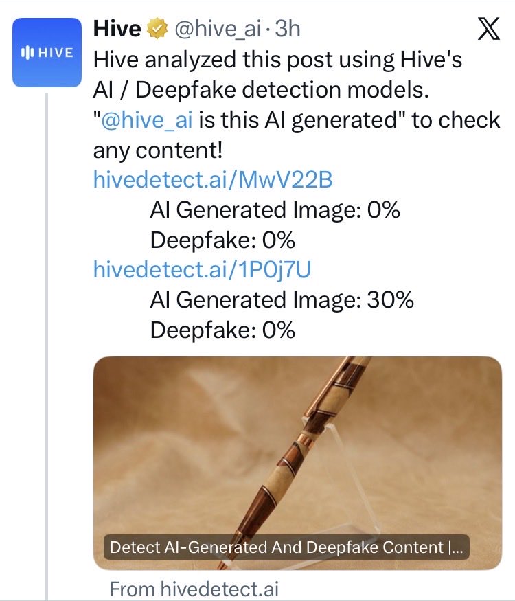 bearcubbakers's tweet photo. 100% handmade pen, photo taken in person. 

AI detector says it’s fake. SMH that people trust these bots to assess anything accurately. 

@whodamoose I guess your work is just too good to be true! https://t.co/vDmZCuLDDz