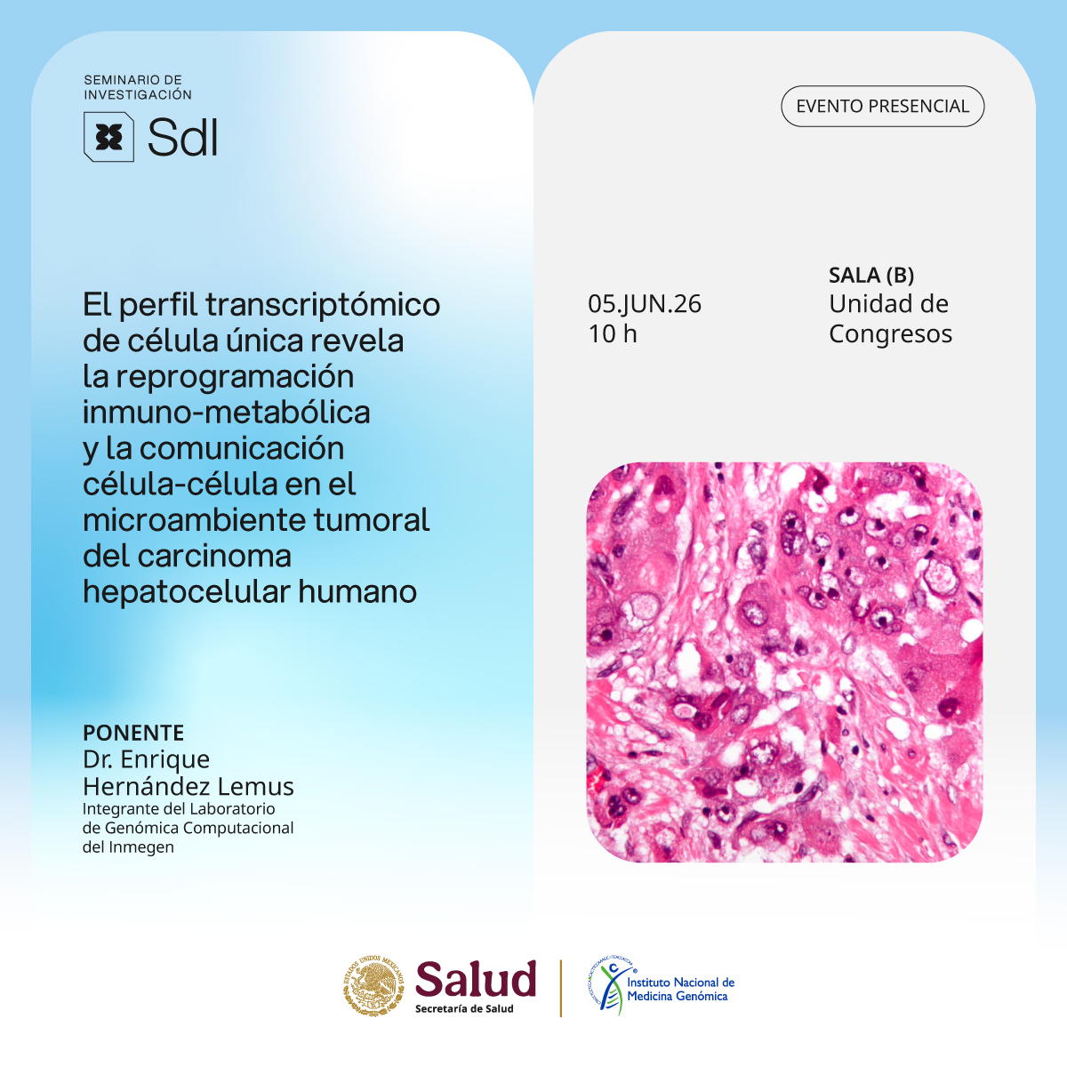 inmegen's tweet photo. 🧬 ¿Cómo se reprograma el microambiente tumoral en el carcinoma hepatocelular humano? Mañana lo analizamos a fondo.

🔬 Seminario: «El perfil transcriptómico de célula única revela la reprogramación inmunometabólica»

🕙 10:00 h | Sala B 💻 Transmisión: https://t.co/iymPtwH7kN https://t.co/AIXVfNTlWJ