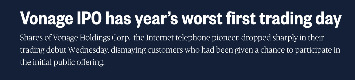 startupecon's tweet photo. Reminds me of the 1st time I earned something from my economics training. Vonage (VoIP provider) offered me, a customer and 4th-year college student earning <$15K/year, shares in its IPO. It was a clear signal that smart $ was not interested. Then this happened: https://t.co/HXN78HuH3q