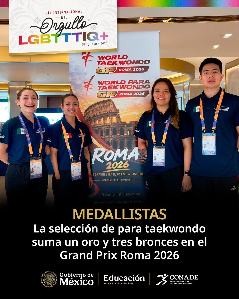 conadeoficial's tweet photo. ¡PRESEAS PARA MÉXICO! 🥋🇲🇽

La selección nacional de para taekwondo suma un oro y tres bronces, en el Grand Prix Mundial Roma 2026:

🥇Claudia Romero -47kg

🥉Jessica Quijano -52kg

🥉Luis Mario Nájera -80kg

🥉Fernanda Vargas +65kg

¡Muchas felicidades! #DeporteMexicano 🎉🎉🎉 https://t.co/I2R1gq1luK