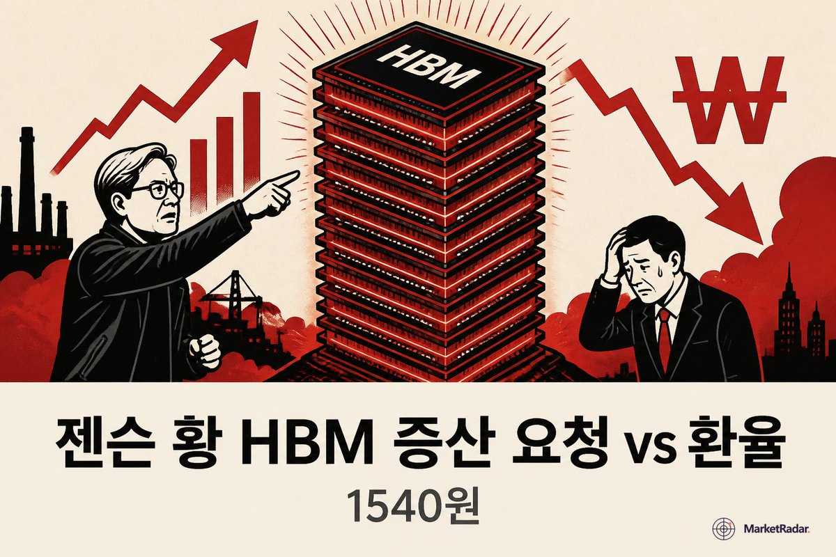 marketradar_kr's tweet photo. 📡 2026-06-05, 마켓레이더 모닝 브리핑

🔥 엔비디아 젠슨 황이 직접 "HBM 더 만들어달라" 외친 날, 코스피는 왜 -1.60%로 밀렸나

같은 하루에 호재와 악재가 정면충돌했습니다.

📊 핵심 사실
· 젠슨 황 CEO가 나흘 방한 중 SK하이닉스(000660)·삼성전자(005930)에 HBM(고대역폭메모리, AI 칩에 쓰이는 초고속 메모리) 증산을 직접 요청
· 차세대 베라 루빈 랙은 직전 모델 대비 전력 소비가 약 45% 증가 → 메모리 용량과 전력 효율이 동시에 화두
· 그런데 원/달러가 야간거래에서 1,540원을 넘어 금융위기 이후 최고 수준 → 외국인 수급의 최대 변수

⚡ 호재(엔비디아 증산 요청)와 악재(환율 1,540원)가 부딪힌 오늘, 둘 중 무엇이 외국인 수급을 끌고 가느냐가 지수의 키입니다. 약세장 속에서도 따로 움직인 차별화 종목이 한 곳 나왔는데 — 본문에서 정리했습니다.

🎯 관찰 후보
· 반도체·HBM 라인이 1차 관전 대상 (SK하이닉스 SK하이닉스(000660)·삼성전자 삼성전자(005930)·한미반도체 한미반도체(042700) 관찰)
· 환율 상승 국면에서 의외로 갈라진 보험·금융 한 종목도 함께 체크

🇰🇷 오늘 결론: 반도체 호재는 유효하지만, 환율이 1,540원 위에서 굳으면 외국인 매도가 호재를 덮을 수 있습니다. 장중 환율 방향과 외국인 선물 수급이 사실상 오늘의 유일한 이벤트입니다.

#한국주식 #반도체
