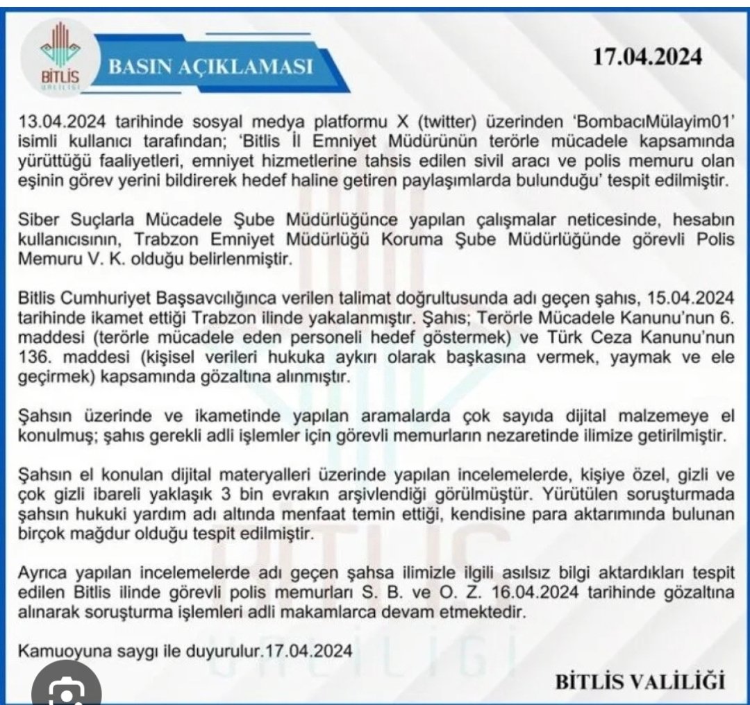 bombacimlym5's tweet photo. Ankara Cumhuriyet Başsavcılığı Basın Suçları Soruşturma Bürosu tarafından TCK 217/A kapsamında başlatılan soruşturmalar nedeniyle dün yine Trabzon Ortahisar İlçe Jandarma Komutanlığında ifadeler verdim...

Buradan o soruşturmaları başlatan değerli savcılarımıza sesleniyorum..

Ekran görüntüsünü paylaştığım basın açıklamasının aynısını Emniyet Genel Müdürlüğü ve Dezenformasyonla Mücadele Merkezi de yaptı...

Henüz savcı ve hâkim huzurunda sorgulanmamış, hakkımda kesinleşmiş bir yargı kararı bulunmamışken bu açıklamaları yaptılar...

Hepsinden önemlisi de, tüm suçlamalardan beraat ettim...

Böylelikle masumiyet karinesi ve soruşturmanın gizliliği ilkelerini ihlal ederek suç işlediler...

CMK'nın 160 ve 161. maddelerinin Cumhuriyet savcılarına yüklediği görev ve sorumluluklar çerçevesinde, bu açıklamaları yapanlar hakkında da aynı şekilde TCK nın 217 a maddesinde belirtilen hükümleri doğrultusunda soruşturma başlatmanızı talep ve rica ediyorum...

Gelin hep birlikte görelim; hukuk karşısında herkes eşit mi, değil mi?

Mevki, makam ve unvan gözetilmeksizin aynı hassasiyet ve aynı kararlılıkla hareket edilecek mi?

Sonucu merakla bekliyorum...
@RTErdogan
@Akingurlek_
@adalet_bakanlik