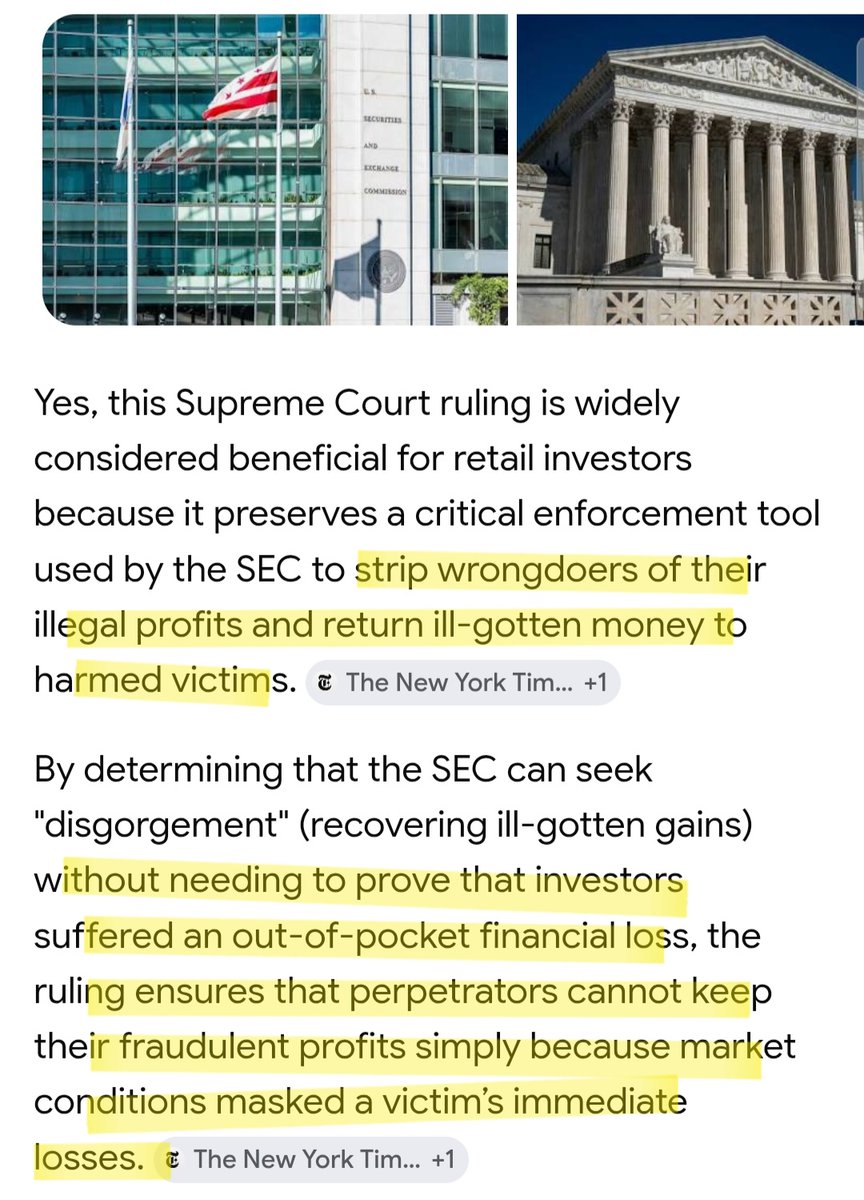 stephmase22's tweet photo. 📣📣SUPREME COURT RULING DISGORGEMENT RECOVERING 
ILL GOTTEN GAINS 🚨🚨

This is actually interesting because you don't have to prove all of the investors harm making it easier to go after the criminals and the ill gotten gains it helps with a clawback also.

But we are talking about the SEC so don't hold your breath.