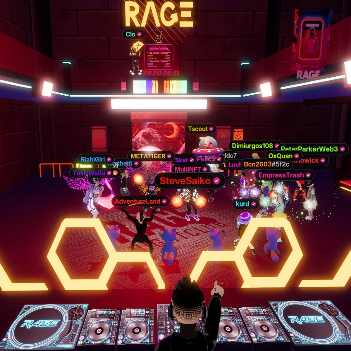 AdventureLandX's tweet photo. RAGE CLUB in @Decentraland is on 🔥FIRE🔥
Celebrating @multinft Birthday 🥳 with AMAZING @SteveSaiko DJ set 🪩 
at 149,49🗺️#Decentraland https://t.co/57gkEIqSSX