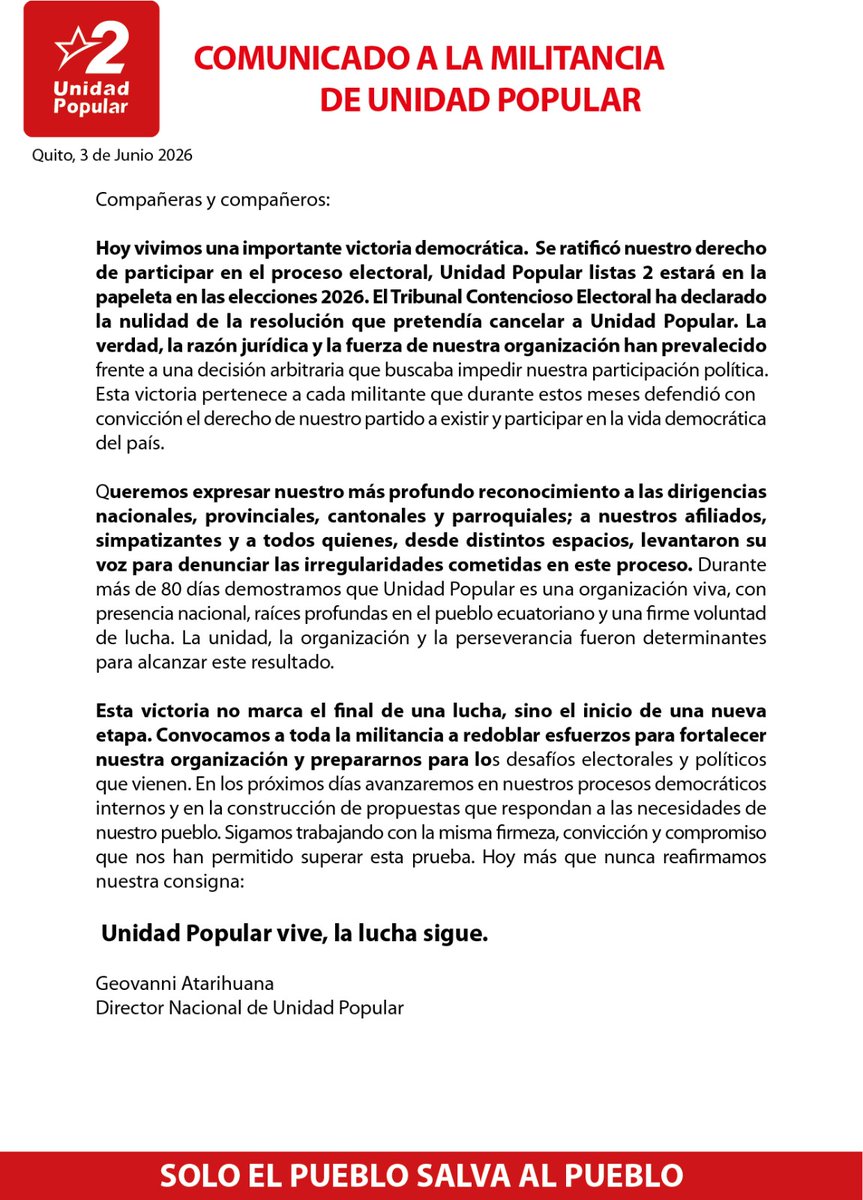 UnidadPopularE's tweet photo. Ganó la democracia @UnidadPopularE esta en la papeleta electoral para las elecciones de noviembre 2026. Esta victoria pertenece a quienes no nos rendimos y es justo reconocer a la militancia a las directivas en todos sus niveles. Seguimos en la lucha @UnidadPopularVive https://t.co/UedccQg2lg