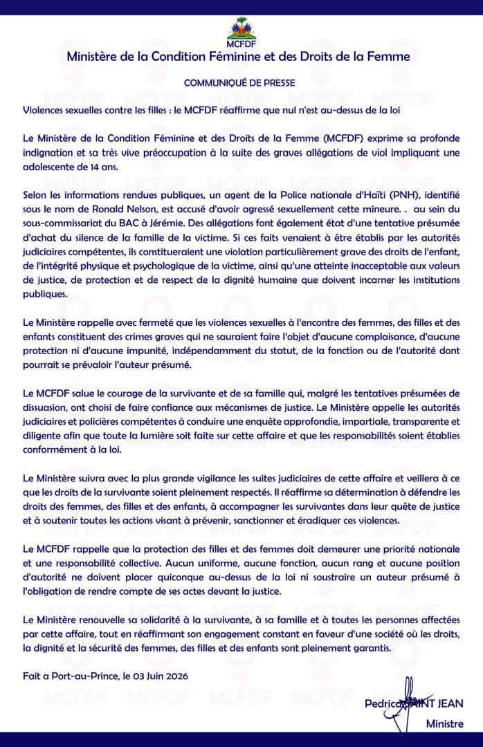 mcfdfmcfdf's tweet photo. Le Ministère de la Condition Féminine et des Droits de la Femme (MCFDF) exprime sa profonde indignation et sa très vive préoccupation à la suite des graves allégations de viol impliquant une adolescente de 14 ans. https://t.co/YMLb56pd2W