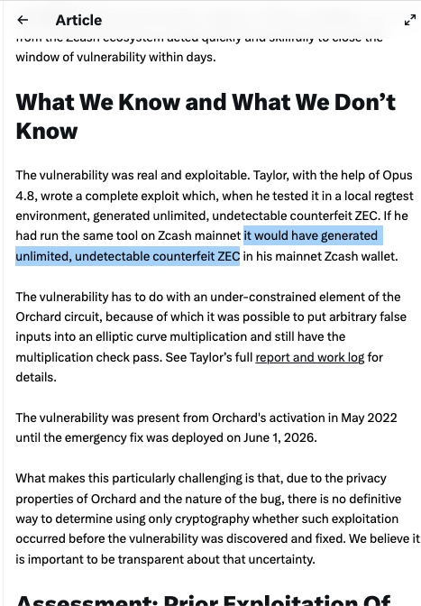 iceFURYice's tweet photo. bro what???????

"it would have generated unlimited, undetectable counterfeit ZEC in his mainnet Zcash wallet"

what does this even mean https://t.co/4hrVa9IvIe