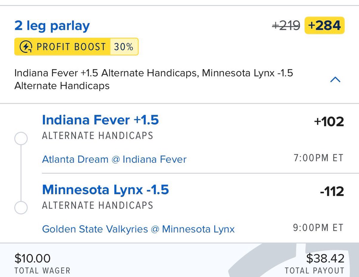 SeleneOdds's tweet photo. WNBA Boosted Parlay 🚀 

Sniping this 30% boosted parlay on FanDuel 🎯 https://t.co/gfEdx4ksWJ