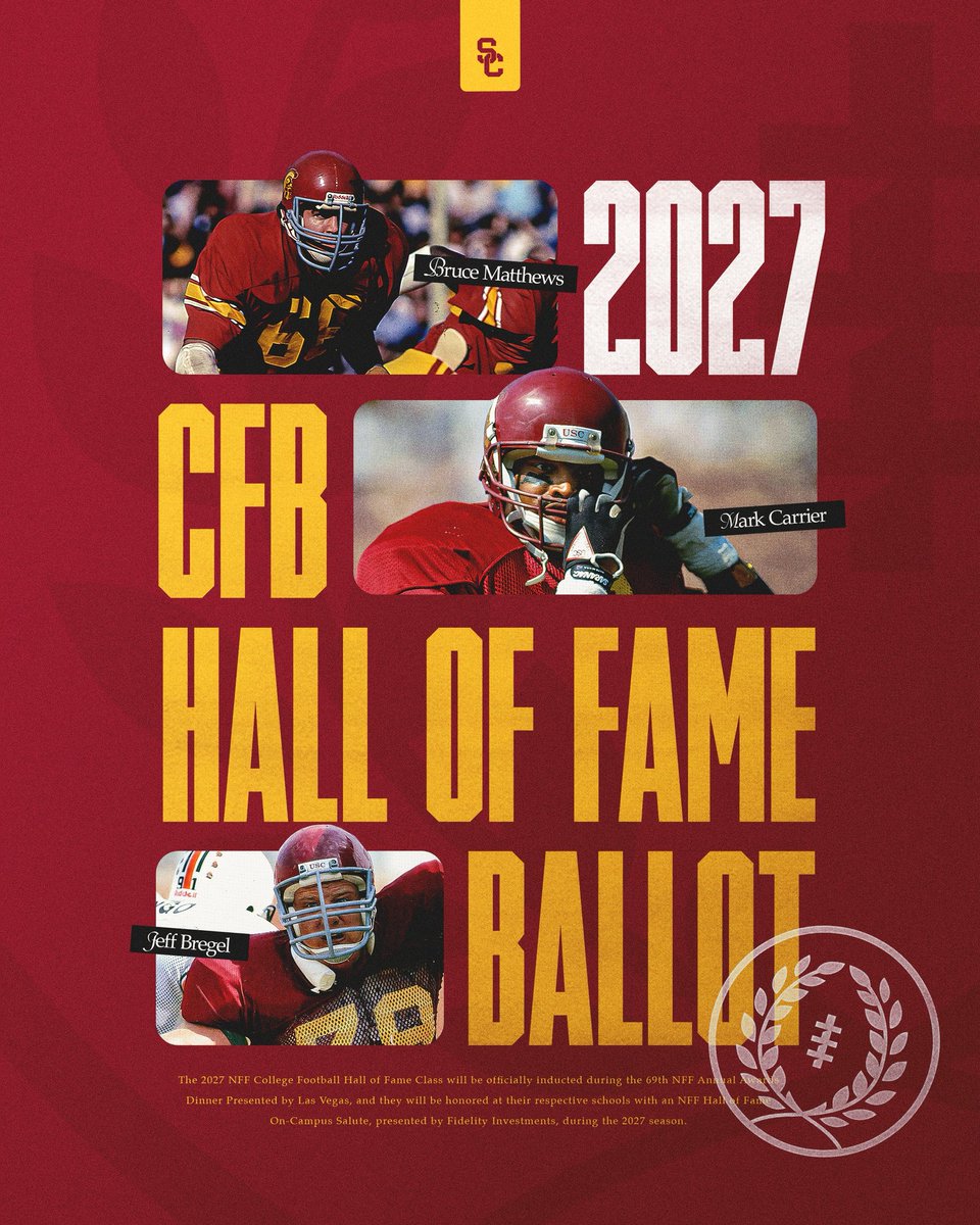 uscfb's tweet photo. a heritage like no other✌️

Bruce Matthews, Mark Carrier, and Jeff Bregel have been named to the 2027 College Football Hall of Fame Ballot https://t.co/F6rE83E3VI