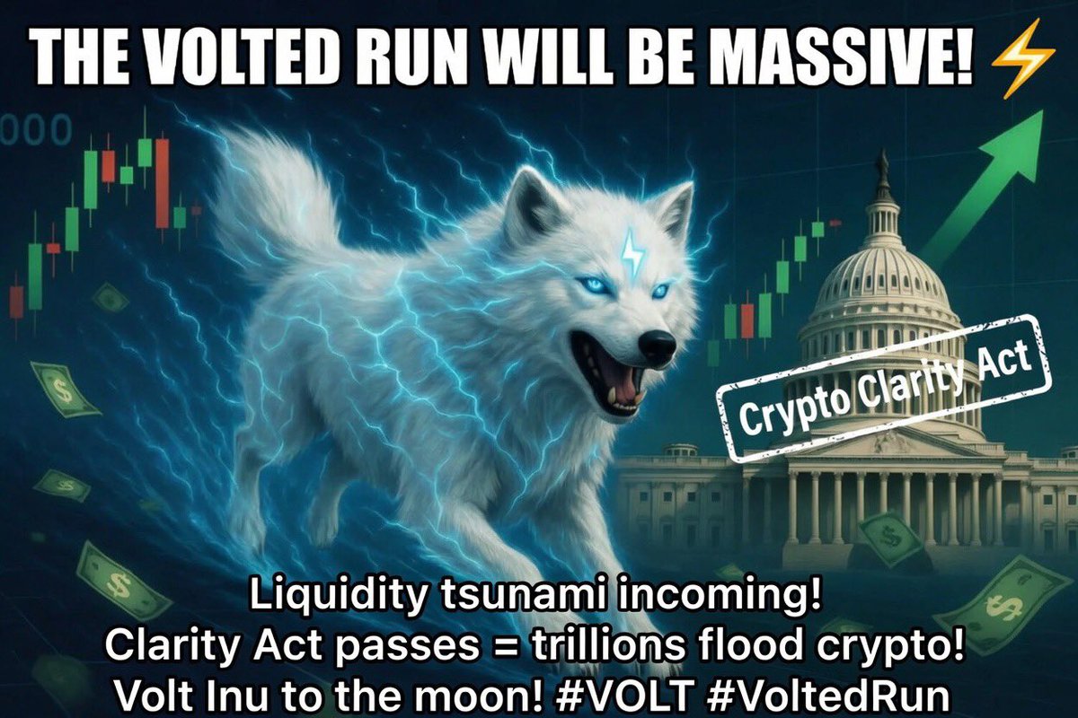 IamSandyCesaire's tweet photo. Liquidity tsunami loading 🤑Once the Crypto Clarity Act drops and gets signed… trillions in institutional money, ETF flows, and fresh capital flood the entire market. 
Regulatory clarity = green candles everywhere.… 

And  $VOLT is (being)positioned to ride the biggest wave. 
The pack is charging & Dev team cooking 👨🏼‍🍳

Don’t get left in the dust.
Get Volted up or get left behind. ⚡🐺