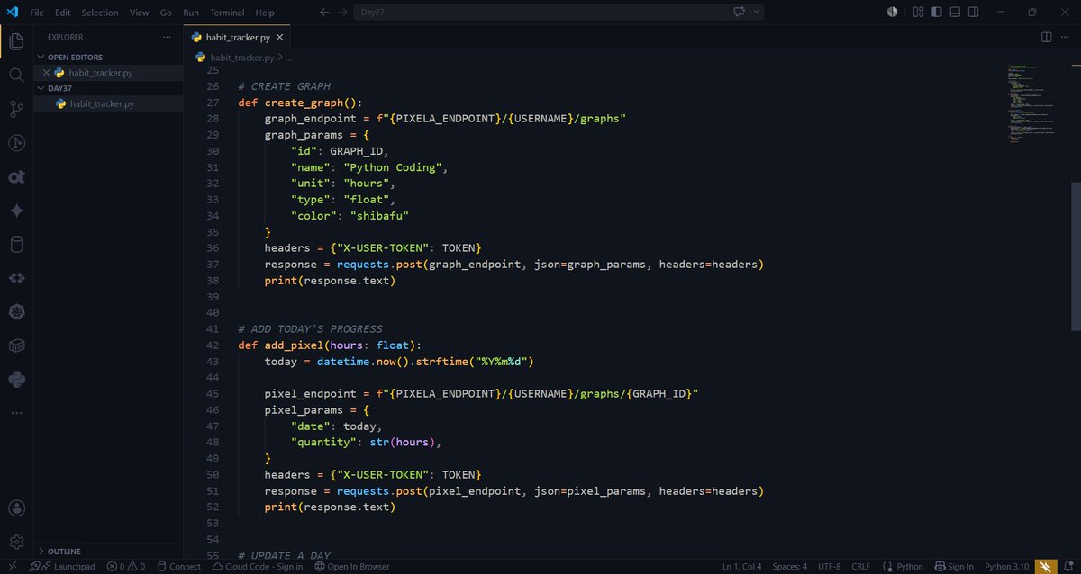 akoi_patrick's tweet photo. Day 37/100 of #100DaysOfPython 

✅ Built a Habit Tracker using Pixela API!

Now tracking my daily Python coding hours with a beautiful graph.

Consistency tool unlocked! 📈
#100DaysOfCode #Python #API https://t.co/YZ7xI6emMw