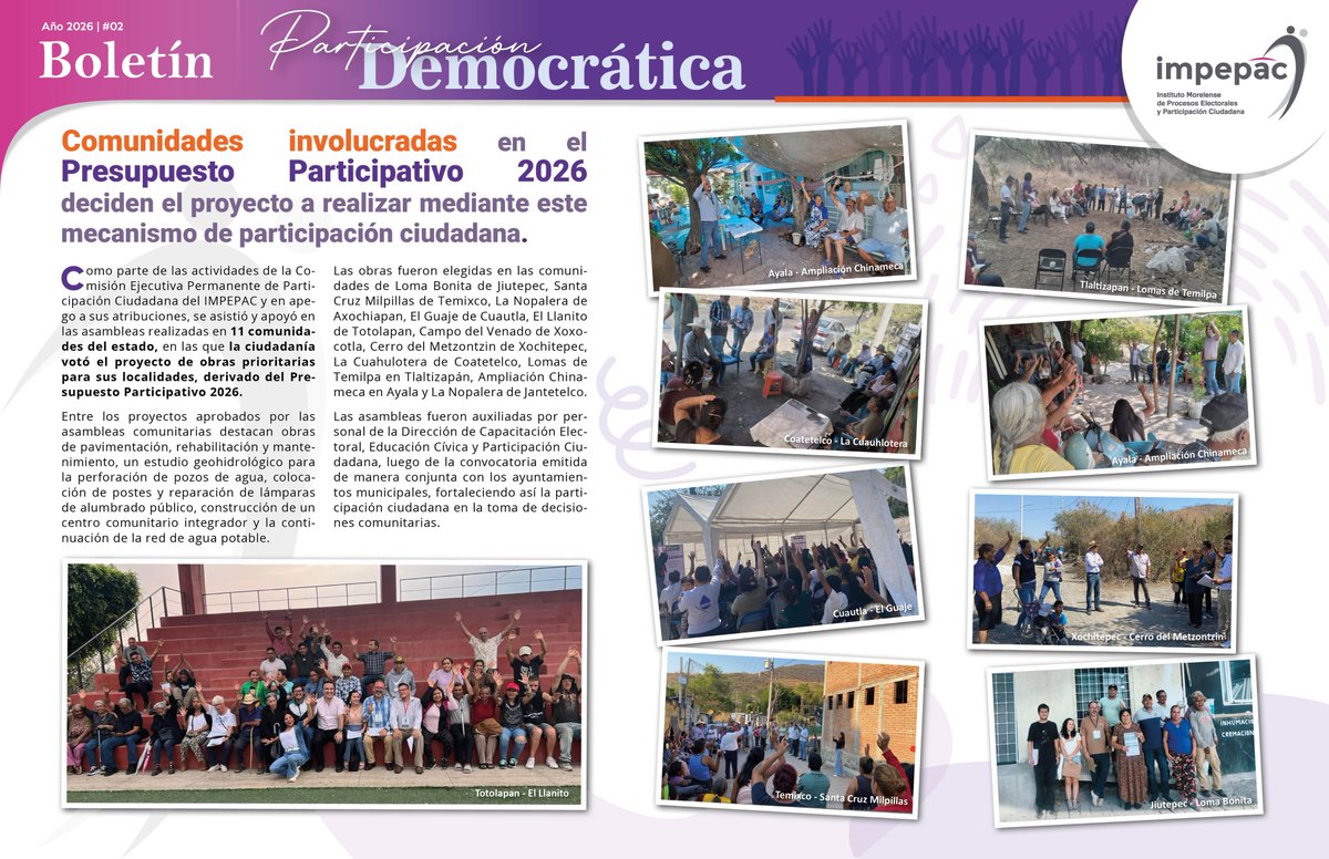 impepac's tweet photo. 📢🗳️ ¡El #BoletínParticipaciónDemocrática te mantiene informado! ✨

🏘️ Las comunidades participantes en el #PresupuestoParticipativo2026 ya deciden los proyectos para transformar sus espacios 💡🤝 https://t.co/g6O0AT0Nm1