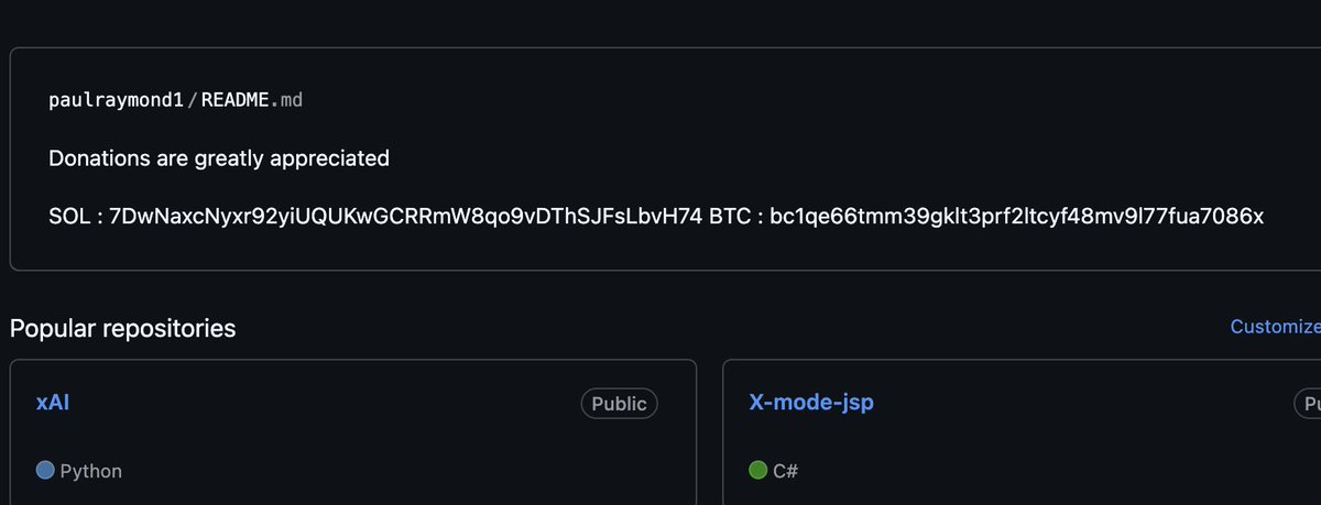 Coltonvucas's tweet photo. Paul Raymond, posted his solana wallet on his github.

Paul is an xAI engineer and ex discord co-founder

https://t.co/3u88dPFqHP

Sending him fees https://t.co/CFQ2pJrKPb