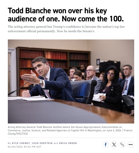 kyledcheney's tweet photo. NEW: Todd Blanche has mastered the audience of one — in part by keeping him out of prison. The audience of 100 is a tougher sell. 

w/ @joshgerstein @eorden 

https://t.co/yn5SEDKNMF https://t.co/iePlcuSmZL