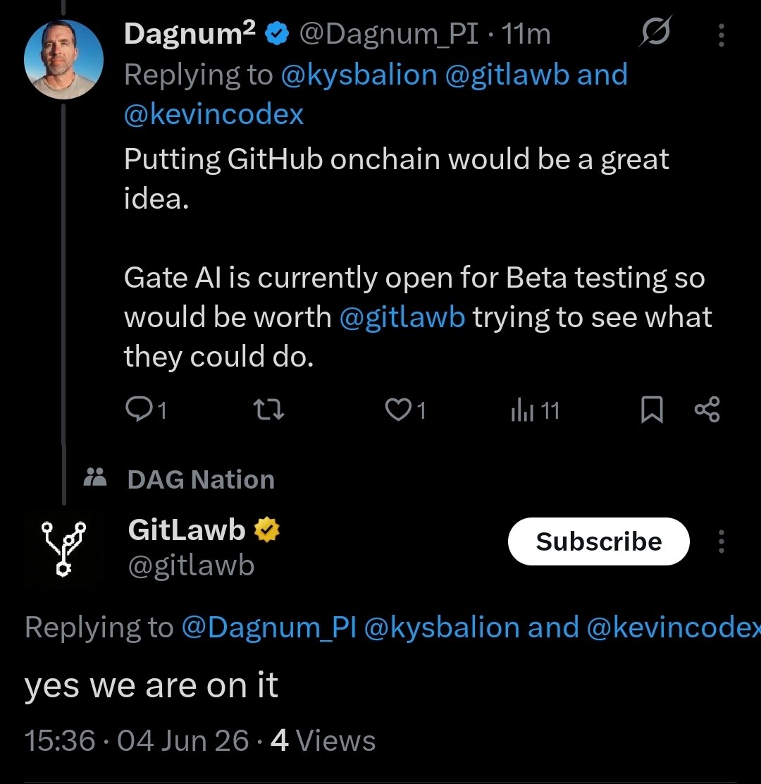 Dagnum_PI's tweet photo. GitLawb just said they’re on it.
A decentralized Git network built for AI agents. 

Where agents can own repos, open PRs, review code and run real workflows with cryptographic identity and on-chain elements.

This is exactly the kind of high-stakes agent environment Gate AI was built for.

Prompt injection defense, credential/PII redaction, hijacked tool call protection and a tamper-evident Digital Evidence audit trail for every action.

Looking forward to seeing how @gitlawb implements Gate AI.