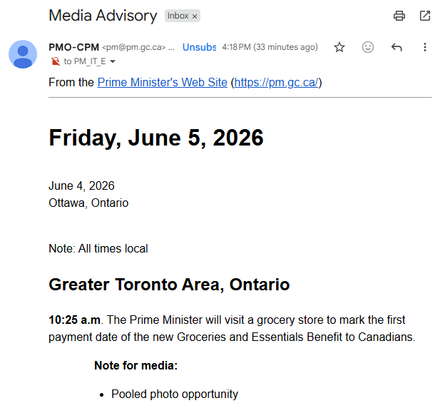 Martyupnorth's tweet photo. Tomorrow Mark Carney will visit a grocery store in Toronto to mark the first payment of the new Groceries and Essential Benefits to Canadians program.

Nothing new about it, it just the re-branded GST/HST credit. https://t.co/J82lsNehrZ