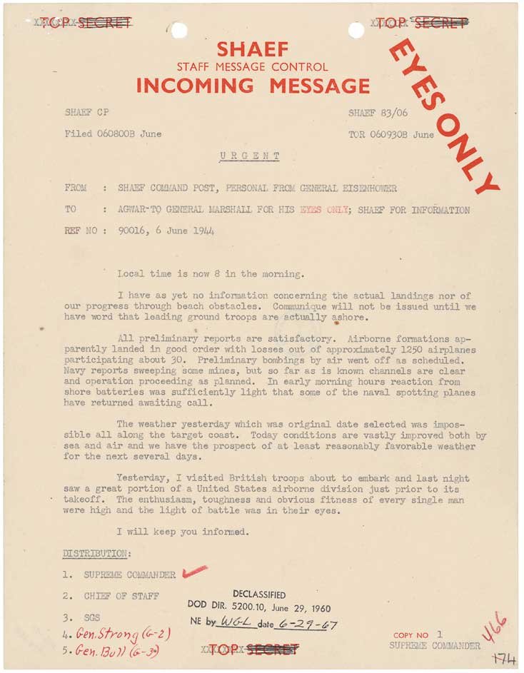VoicesofWW2's tweet photo. Memorandum from Dwight Eisenhower to George Marshall, 6 Jun 1944 https://t.co/DdAcLzWY9C