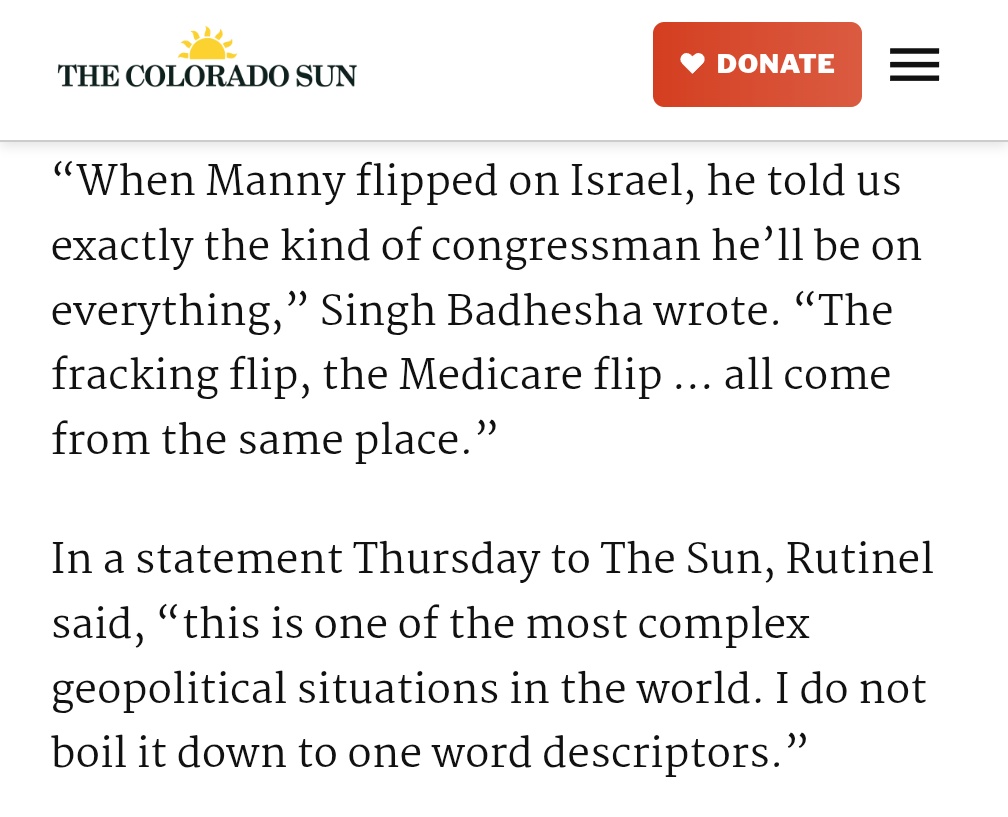 DeepNotShallow's tweet photo. Appreciate the Colorado Sun's coverage of Manny Rutinel's inauthenticity.

Manny's path through June and November requires progressives, and I don't think he's earned our support with his recent statements on Israel, Healthcare, Fracking, Student Loans and more. https://t.co/Jvs1jiDNmX