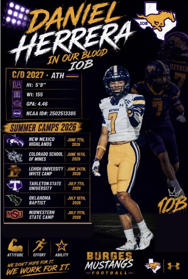 DanielH_errera's tweet photo. My official camp schedule for summer 2026! Excited to compete!
@NMHUFootball @MinesFootball 
@LehighFootball @TarletonFB @OBU_Football @MSUTexasFB
@coachbernieluna @CoachAdrian6607 @TopViewFit @elbigfred @rpolivas_22 
More camps may be added as opportunities come up. https://t.co/z5iJwjDCQm