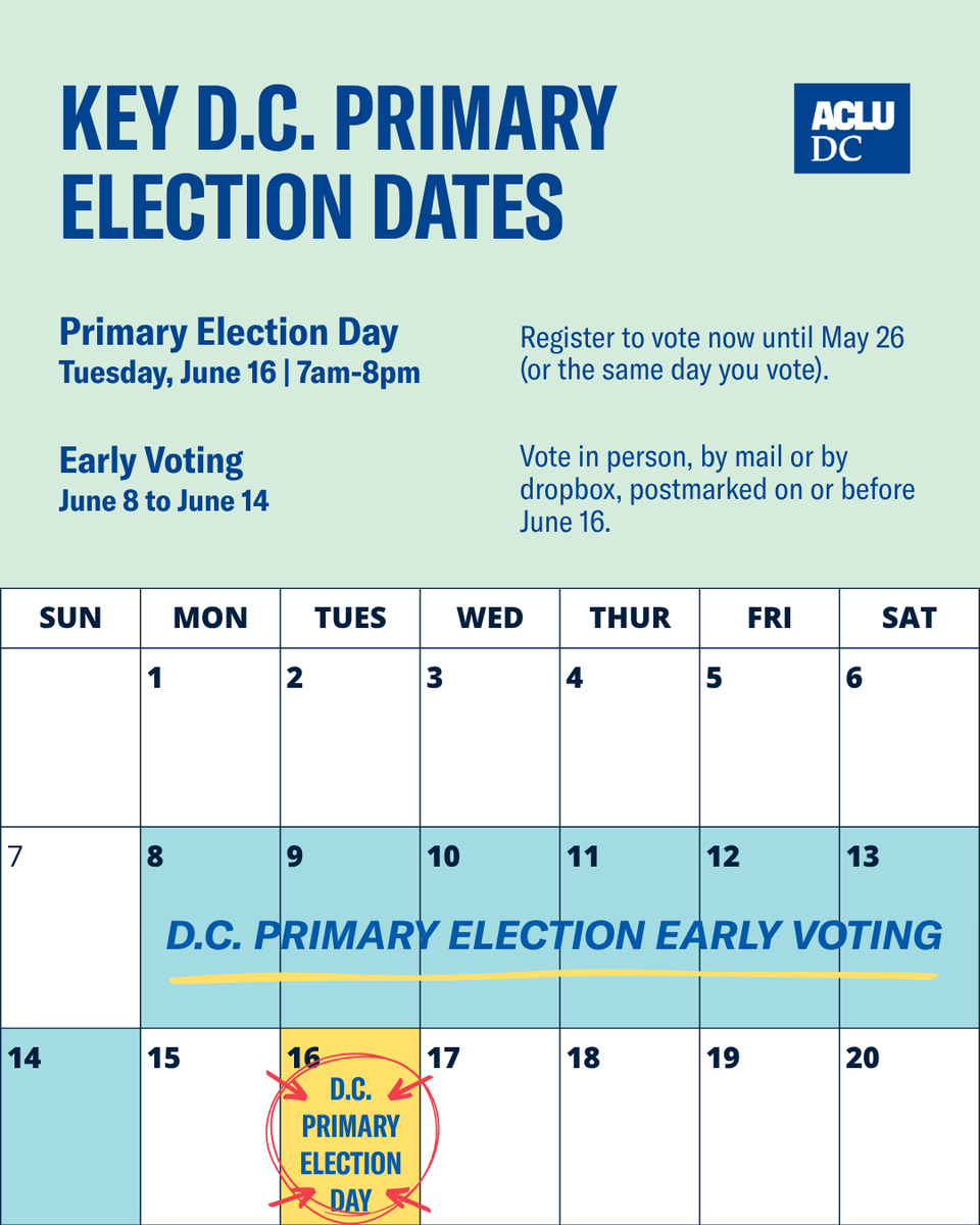 ACLU_DC's tweet photo. The countdown is on! D.C., we have less than three weeks until the June 16th D.C. Primary Election. Whether you plan to vote early or in person on Election Day, now is the time to prepare. 

Check out our Voter Hub and get prepared to cast your vote: https://t.co/f9CEMG9hmh https://t.co/JoMXhK1oJA