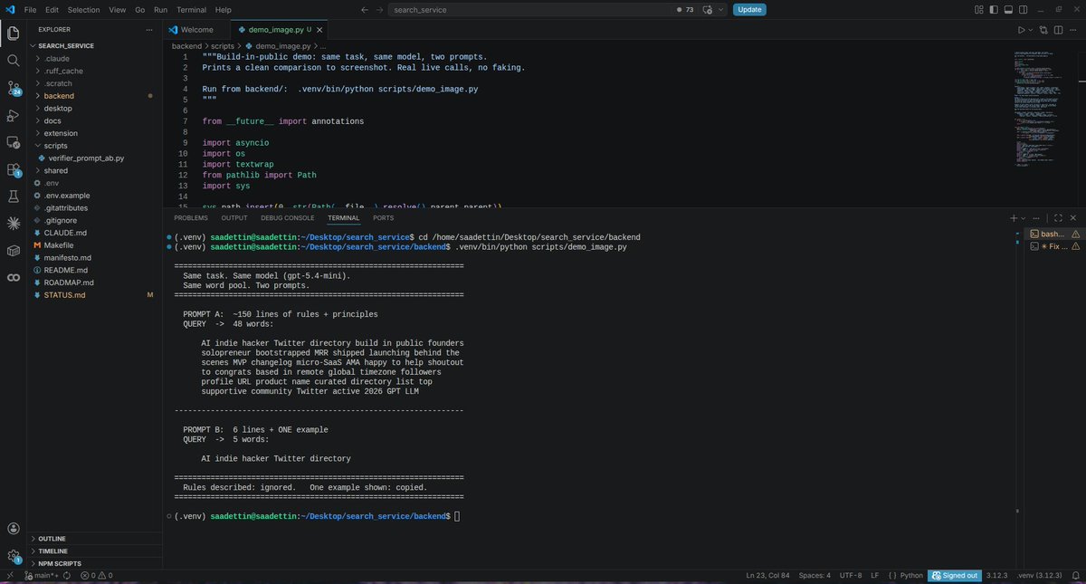 sdtnmuh's tweet photo. Spent today trying to get a cheap AI to write good search queries for my research tool. 
I gave it pages of principles. How search engines work, when to narrow vs broaden, every operator. Clean logic, all of it. 
It ignored all of it and dumped 40 words of keyword soup. 
I deleted the essay and left one worked example. Got 5 clean words. 
Then I tested the smartest, most expensive model on the same essay. It ignored every rule I had written too. Just did its own thing. 
The lesson that cost me a full day: you don't explain rules to a model. It doesn't reason from your principles, it copies your examples. Show, don't tell. Even the smart ones.
 Rebuilding the whole thing around examples now, not philosophy. You demonstrate the boundaries, you don't declare them.
#buildinpublic