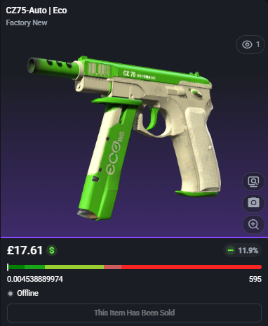 adsyyycs2's tweet photo. Huge W and didn't have to hold longer than 2 days! 

0.004 CZ75-Auto | Eco
✅FLIPPED✅

➡️Bought for: £17.57
➡️Sold for: £21.88

After fees, that's a total profit of £3.87 (22.04%)🤑💵

#csfloat #cs2 #csgo #counterstrike #skins #trading #flipped #profit #roadto5k https://t.co/k90m8NCALk