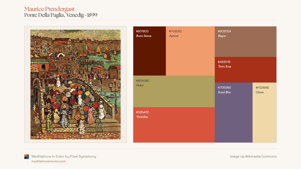 MeditateColor's tweet photo. Maurice Prendergast's color world.

Across beaches, gardens, promenades, and parks, Prendergast returns to the same chromatic vocabulary: ochres, creams, blues, greens, and bursts of orange.

Four palette readings from Meditations in Color. https://t.co/44FjHCTYdZ