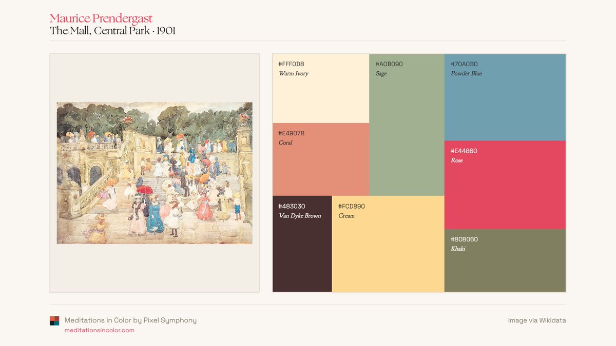 MeditateColor's tweet photo. Maurice Prendergast's color world.

Across beaches, gardens, promenades, and parks, Prendergast returns to the same chromatic vocabulary: ochres, creams, blues, greens, and bursts of orange.

Four palette readings from Meditations in Color. https://t.co/44FjHCTYdZ